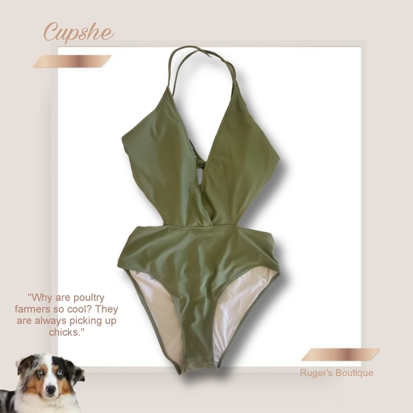 🌿Cupshe Women's Large Olive Green She's The Man Halter One Piece Swimsuit - Picture 10 of 11